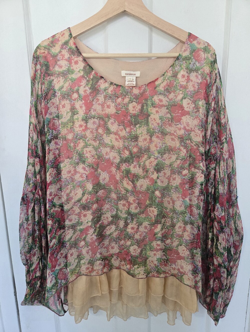 Sundance Women's Silk‎ Floral Blouse Size L Boho Shabby Chic Sheer Sleeves Artsy